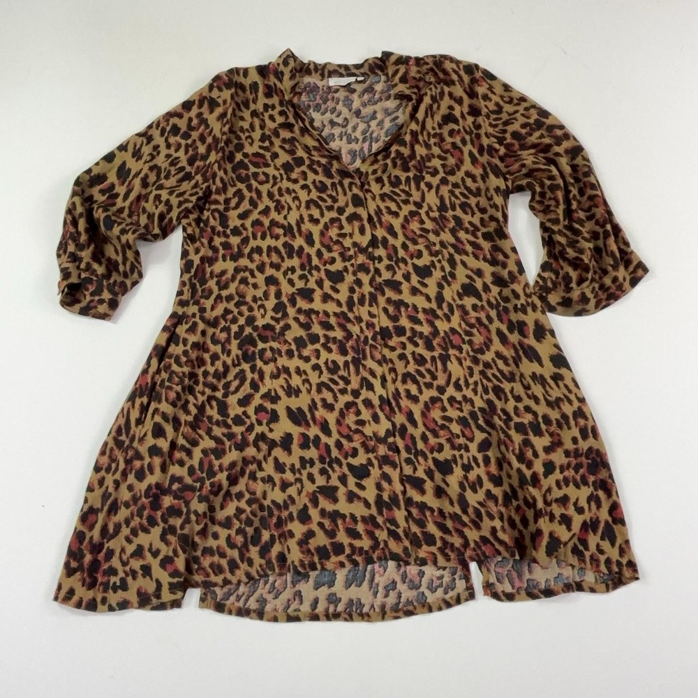 Masai Dress Womens M Brown Animal Print V-Neck 3/4 Sleeve Swing Hi-Low Trapeze